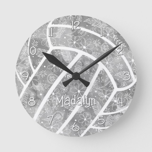 Reloj Redondo Mediano plumas paisleys floridas voleibol gris (Anverso)