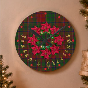 Reloj Redondo Mediano Poinsettia de Tartán de Cuadro Rojo de Navidad