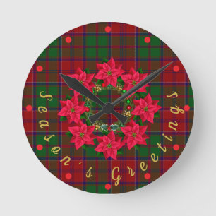 Reloj Redondo Mediano Poinsettia de Tartán de Cuadro Rojo de Navidad