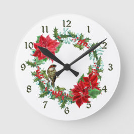 Reloj Redondo Mediano Poinsettia Holly Berry Christmas Wreath