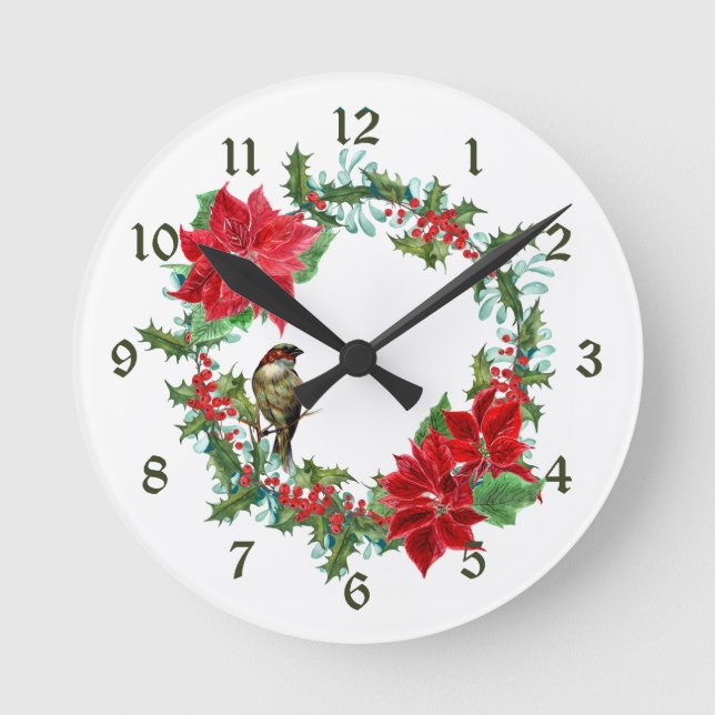 Reloj Redondo Mediano Poinsettia Holly Berry Christmas Wreath (Anverso)