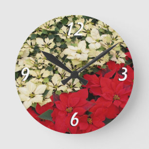 Reloj Redondo Mediano Poinsettias blancas y rojas con flores