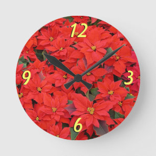 Reloj Redondo Mediano Poinsettias rojas Navidad la foto floral navideña