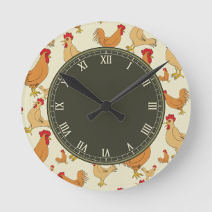 Reloj Redondo Mediano Pollo marrón y gallos romanos numerados