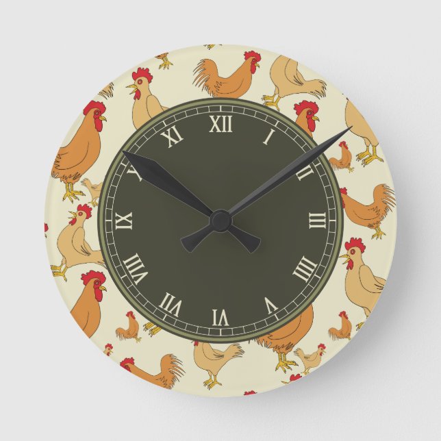 Reloj Redondo Mediano Pollo marrón y gallos romanos numerados (Anverso)