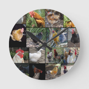 Reloj Redondo Mediano Pollo Y Collage de fotos De Gallos,