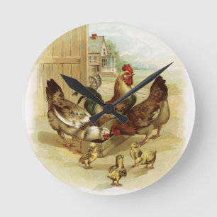Reloj Redondo Mediano Pollos de la granja del arte del vintage