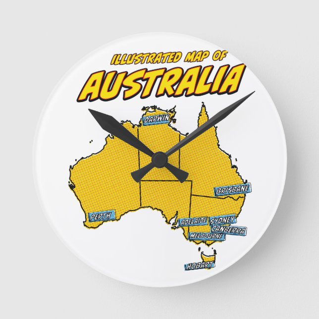 Reloj Redondo Mediano Pop Art Ilustrado Australia (Anverso)