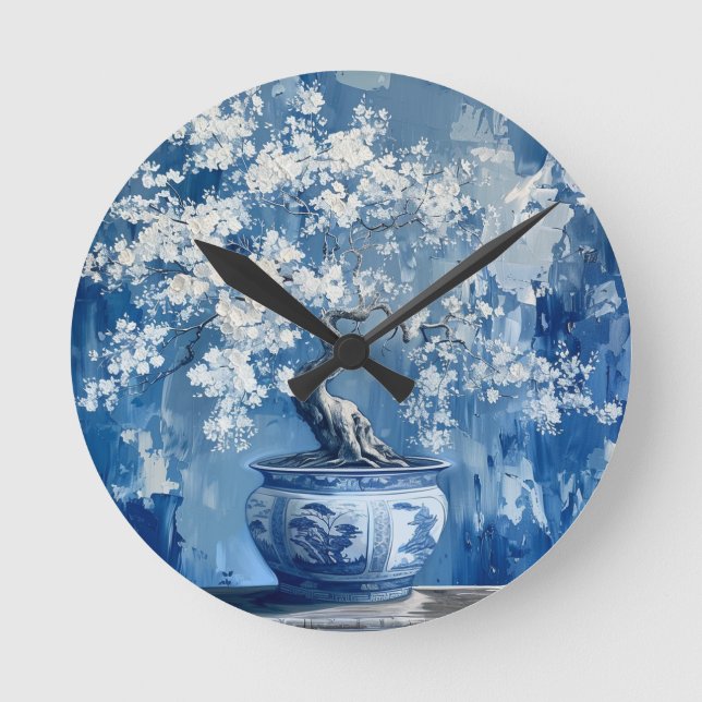 Reloj Redondo Mediano Porcelana azul y blanca Chinoiserie Cherry (Anverso)