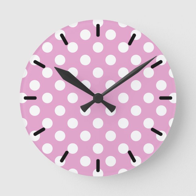 Reloj Redondo Mediano Pos de polka blanca en rosa pálido (Anverso)