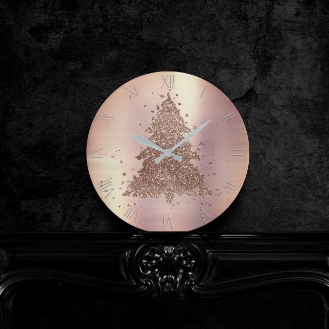 Reloj Redondo Mediano Posh Merry Christmas | Glam Rosa Gold Rubor Tree (Subido por el creador)