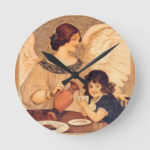Reloj Redondo Mediano Póster Antiguo de Ángel de Chocolate Francés: Arte