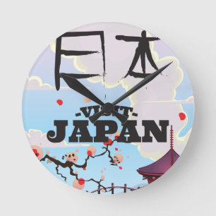Reloj Redondo Mediano Póster de viaje retro de Japón.