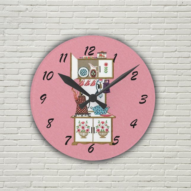 Reloj Redondo Mediano Pote retro antiguo del café de la estufa de cocina (Vintage white kitchen stove pots and pans flowers on pink wall clock.)