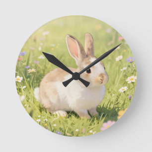 Reloj Redondo Mediano Prado de flores silvestres con adorable conejo esp
