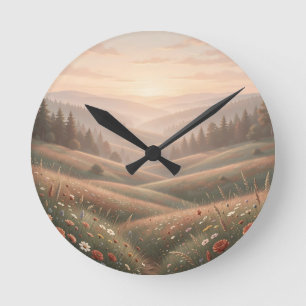 Reloj Redondo Mediano Prado de flores silvestres de la hora dorada Colin