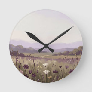 Reloj Redondo Mediano Prado Sereno de Flores Silvestres Moradas Colinas