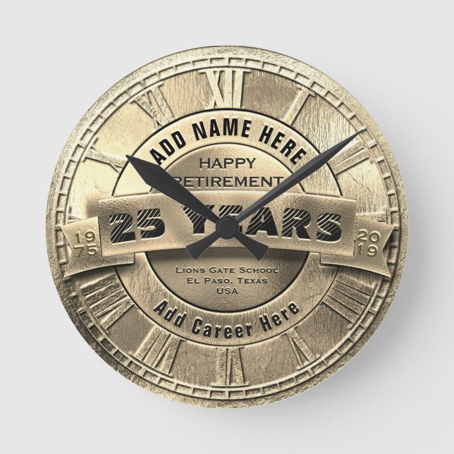 Reloj Redondo Mediano Premio de Jubilación de Oro personalizado (Anverso)