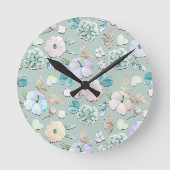 Reloj Redondo Mediano Primavera verano Mint Green Gold Lalia Floral rosa (Anverso)