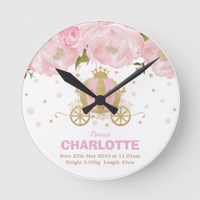 Reloj Redondo Mediano Princesa de oro rosa floral Carriage (Anverso)