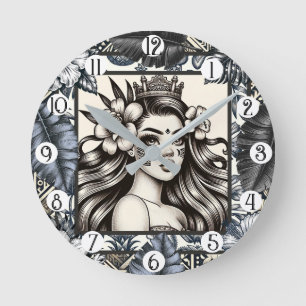 Reloj Redondo Mediano Princesa Polinesia Floral Tribal Azul