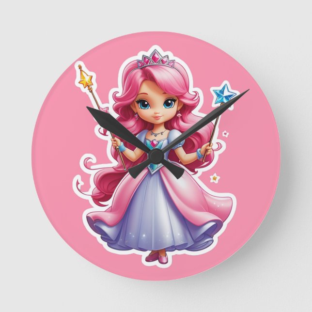 Reloj Redondo Mediano Princesa Rosa Con Arma Mágica Y Tiara (Anverso)