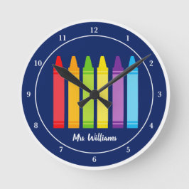 Reloj Redondo Mediano Profesora personalizada Cute Crayon Blue Classroom