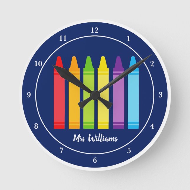 Reloj Redondo Mediano Profesora personalizada Cute Crayon Blue Classroom (Anverso)