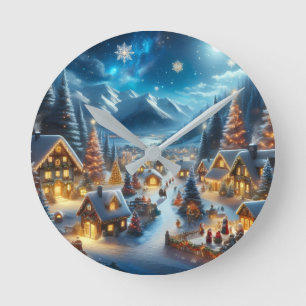 Reloj Redondo Mediano Pueblo Mágico de Navidad Nevado bajo la Luz de la 