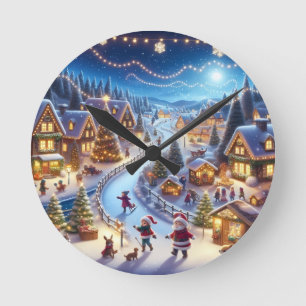 Reloj Redondo Mediano Pueblo Navideño Invernal Festivo Nocturno
