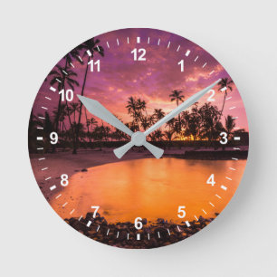 Reloj Redondo Mediano Puesta De Sol Rosa De La Playa De Hawaii
