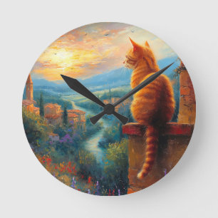 Reloj Redondo Mediano Puesta de sol toscana con un gato jengibre