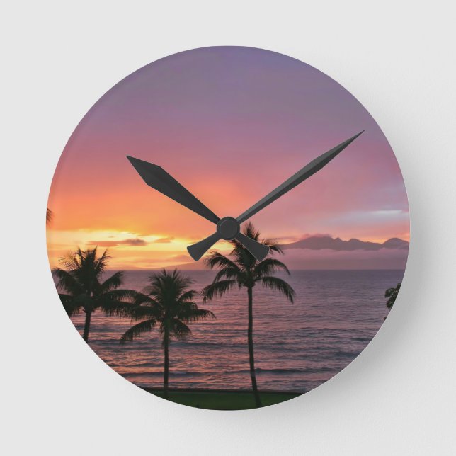 Reloj Redondo Mediano Puesta del sol tropical de Hawaii en la playa (Anverso)