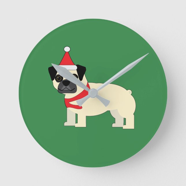 Reloj Redondo Mediano Pug de Santa (Anverso)
