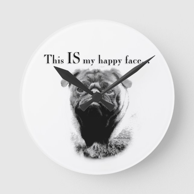 Reloj Redondo Mediano Pug Happy Face (Anverso)