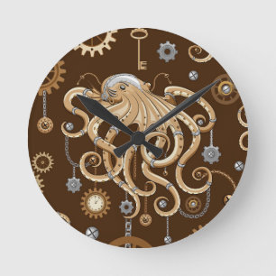 Reloj Redondo Mediano Pulpo Steampunk Retro Fantasía Mecánica