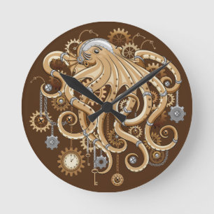 Reloj Redondo Mediano Pulpo Steampunk Retro Fantasía Mecánica