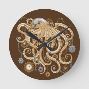 Reloj Redondo Mediano Pulpo Steampunk Retro Fantasía Mecánica