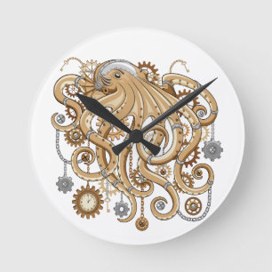 Reloj Redondo Mediano Pulpo Steampunk Retro Fantasía Mecánica