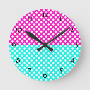 Reloj Redondo Mediano Punto de Polka blanco, rosa y azul