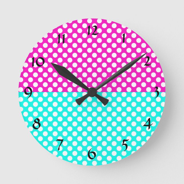 Reloj Redondo Mediano Punto de Polka blanco, rosa y azul (Anverso)