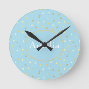 Reloj Redondo Mediano Puntos de confetti de oro azul Pastel 