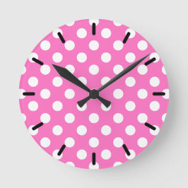 Reloj Redondo Mediano Puntos de polka blanco sobre rosa