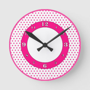 Reloj Redondo Mediano Puntos de Polka Blanco y Rosa Calientes