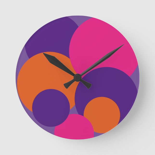 Reloj Redondo Mediano Puntos de Polka naranja, morado y rosado caliente  (Anverso)