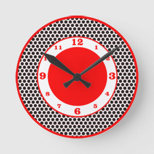 Reloj Redondo Mediano Puntos de Polka - Negro, Blanco y Rojo