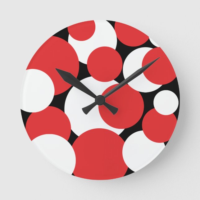 Reloj Redondo Mediano Puntos de polka negros, blancos y rojos (Anverso)