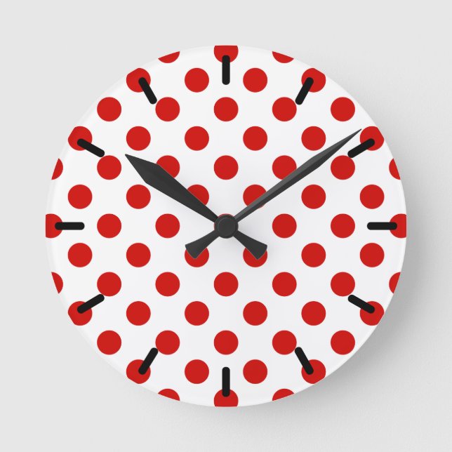 Reloj Redondo Mediano Puntos de polka rojos y blancos (Anverso)