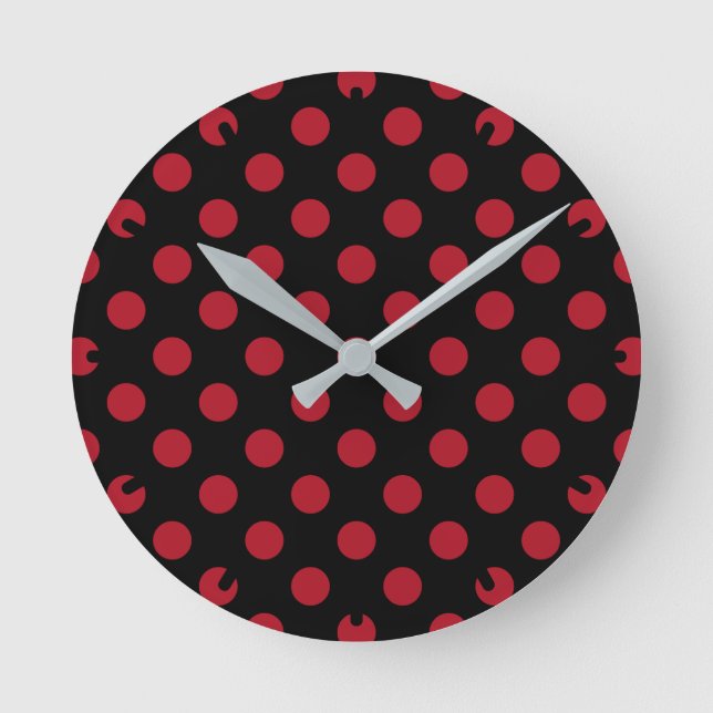 Reloj Redondo Mediano Puntos de polka rojos y negros (Anverso)