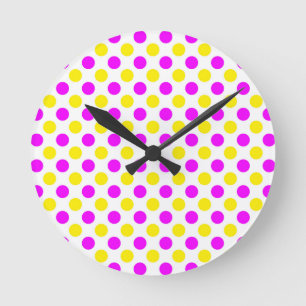 Reloj Redondo Mediano Puntos de polka rosa y amarilla